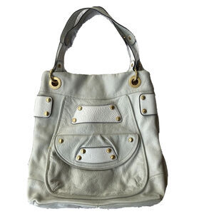 B Makowsky Shoulder Purse Handbag Off White Pebbled Leather Leopard Print Lining